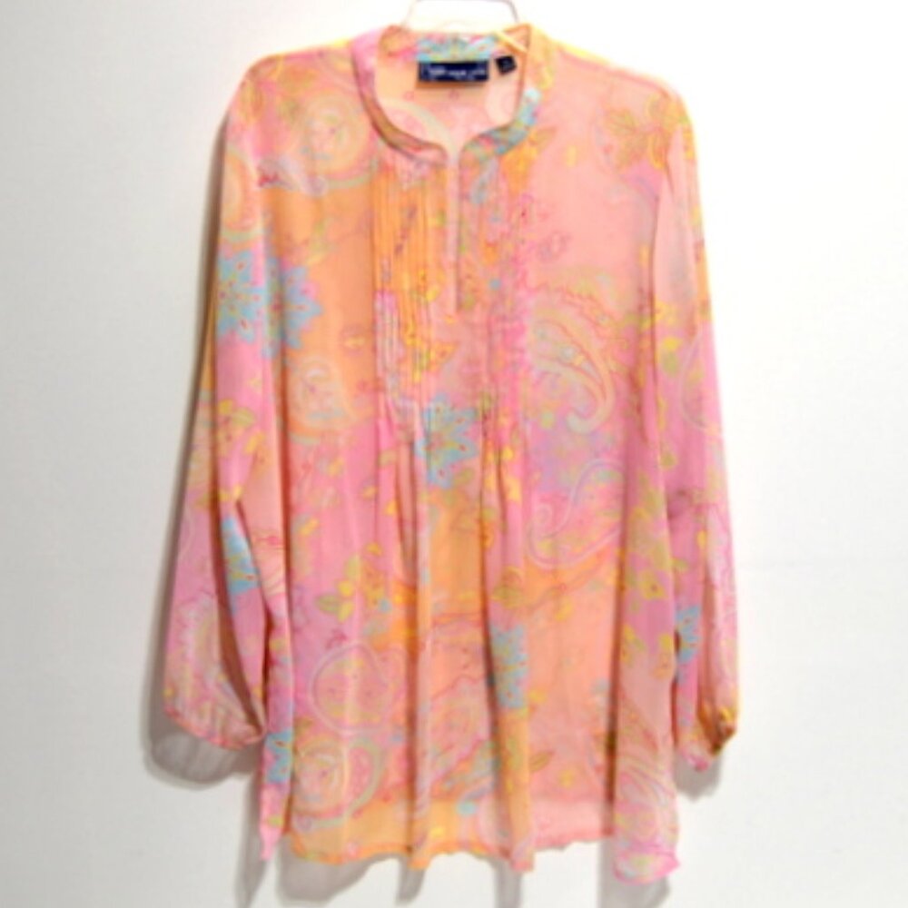 Susan Graver Women's Multicolor Paisley Print Sheer Long Sleeve Top - Size: 1X